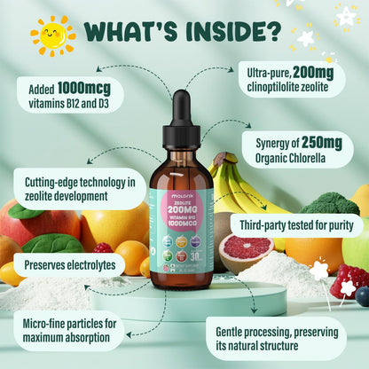 Zeolite Detox for Kids and Adults, 200mg Zeolite Liquid Drops with 1000mcg Vitamin B12, Organic Chlorella, 10 billion CFU & Prebiotics for Gut Support & Speech, Immune, Bone, Energy*, Strawberry, 60ML molorik pure buy supplements Au