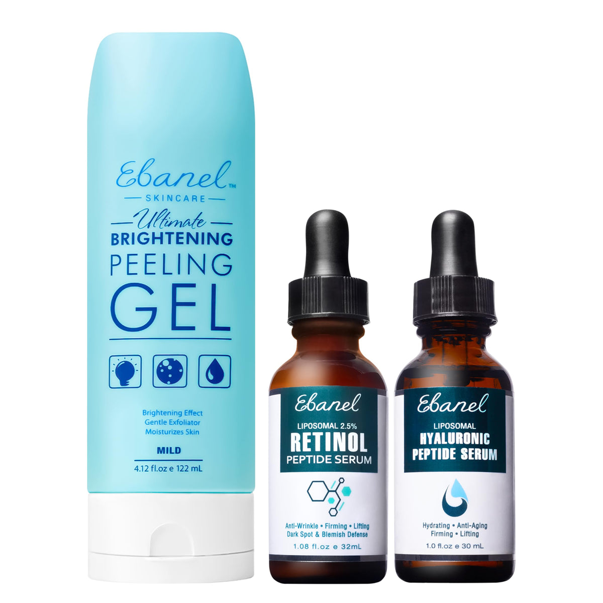 Ebanel Bundle of 2.5% Retinol Serum, Hyaluronic Acid Serum, and Exfoliating Face Scrub Peeling Gel 4.12 Oz