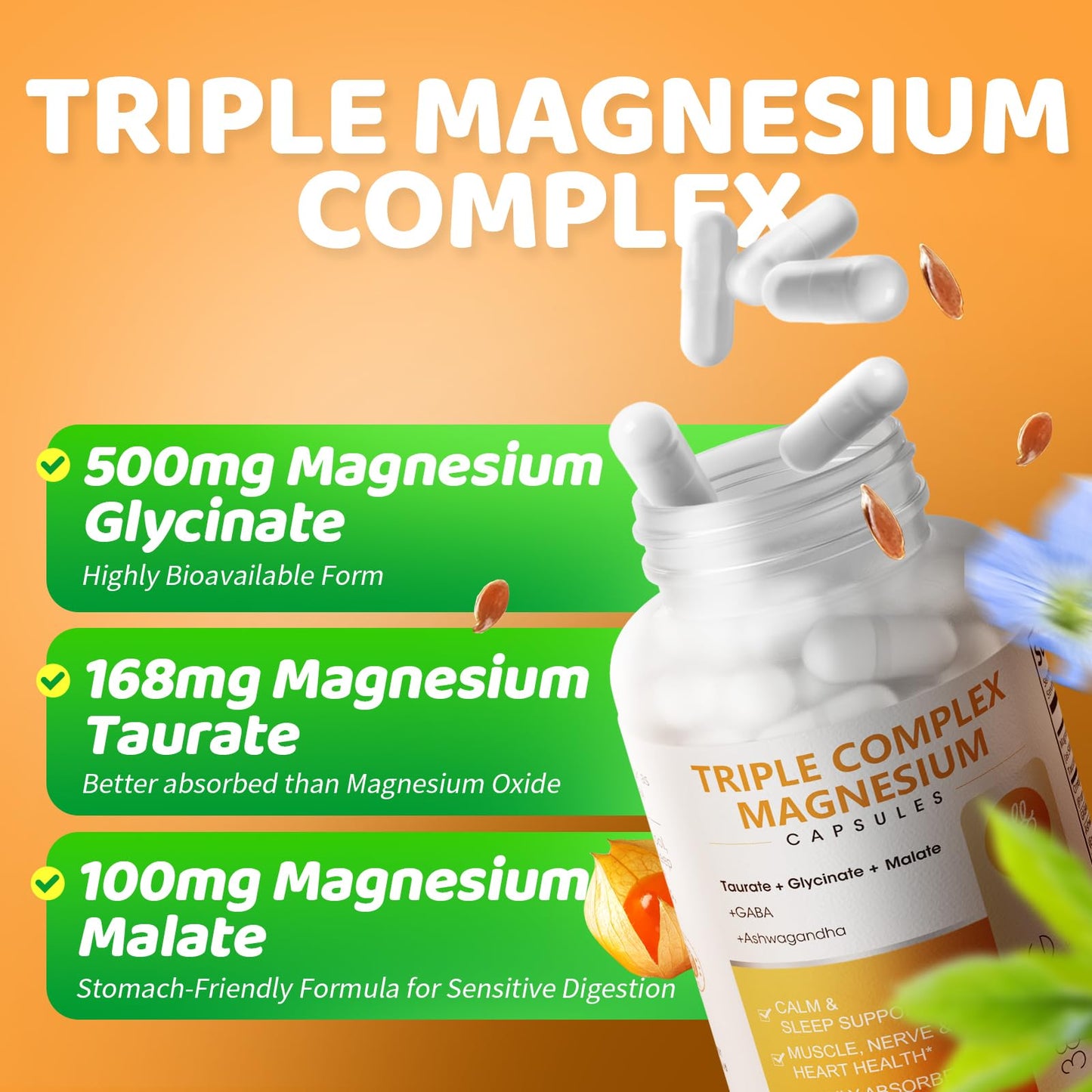 Triple Magnesium Complex - Magnesium Glycinate, Taurate & Malate Supplement with Omega3, Ashwagandha, GABA for Sleep, Brain Heart & Muscle Support - High Absorption and Gentle, Vegan, 120 Capsules iMATCHME buy supplements Au