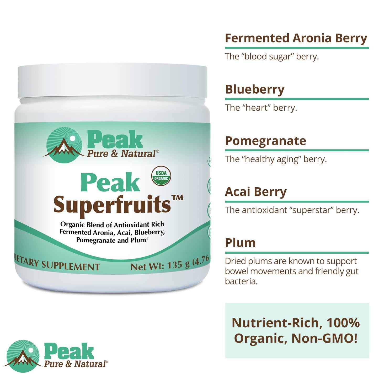 Peak Organic Superfruits - Polyphenol Rich Superfood Powder - Non-GMO Fermented Aronia Berry, Acai, Blueberry, Pomegranate, and Plum - Aging, Metabolic Health, Heart Health (30 Servings) Peak Pure & Natural buy supplements Au