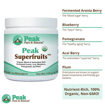Peak Organic Superfruits - Polyphenol Rich Superfood Powder - Non-GMO Fermented Aronia Berry, Acai, Blueberry, Pomegranate, and Plum - Aging, Metabolic Health, Heart Health (30 Servings) Peak Pure & Natural buy supplements Au