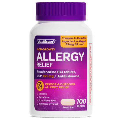 ValuMeds | Compare to Allegra | Fexofenadine HCl 180mg | 24-Hour Allergy Relief, Non-Drowsy Antihistamine Generic Medicine for Allergies, Hay Fever, Itchy Eyes | for Kids & Adults (100 Count) ValuMeds buy supplements Au