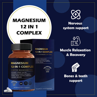 Puravita Magnesium Complex 700mg 12 in 1 Magnesium Supplement with Glycinate, Citrate, Malate & More | Easy Absorption, Energy Support, Vegan & Non-GMO | 120 Capsules (1pc) YPRYPR buy supplements Au