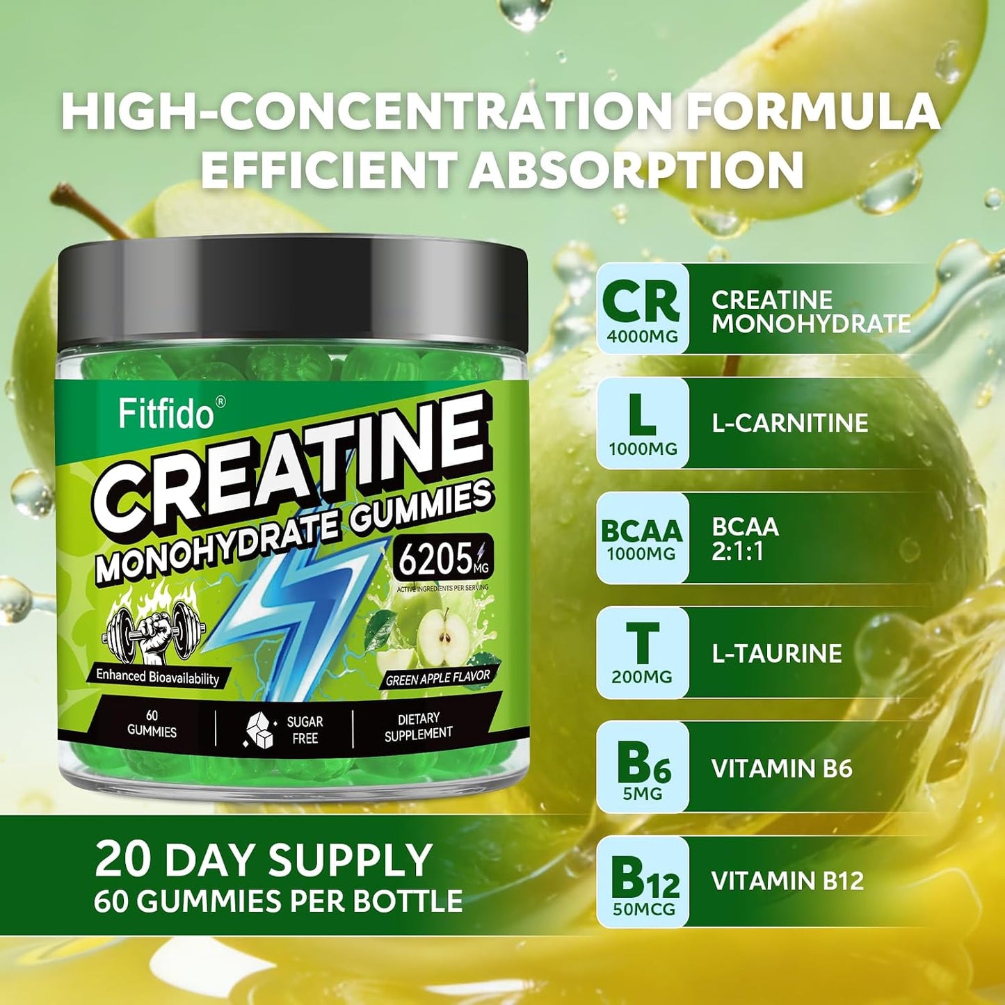 Creatine Monohydrate Gummies with L-Carnitine, 60 Count | Creatine Monohydrate, Gym & Training, Muscle Performance Support, L-Carnitine, Taurine, Sugar Free, Vegan