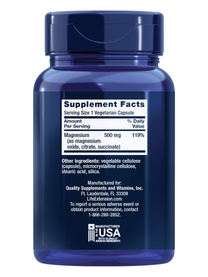 Life Extension Magnesium Caps, 500 mg, Magnesium Oxide, Citrate, and Succinate, Heart Health, Healthy Bones, Metabolism Support, 100 Vegetarian Capsules Life Extension buy supplements Au