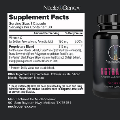 Nucleogenex - Nutralize - The Key to Supporting a Healthy Aging Process and Immune System - Potent Blend for Powerful Cell Protection - Xanthohumol, CurcuPrime, C-60 Complex, PureQQ - 30 Capsules NucleOGenex buy supplements Au