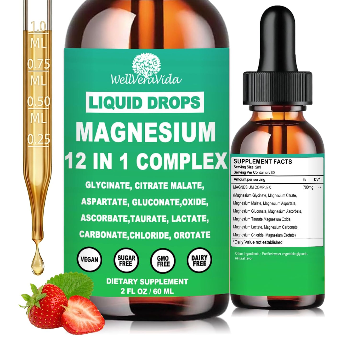 WellVervida magnesium liquid drops with a dropper and strawberries on a white background