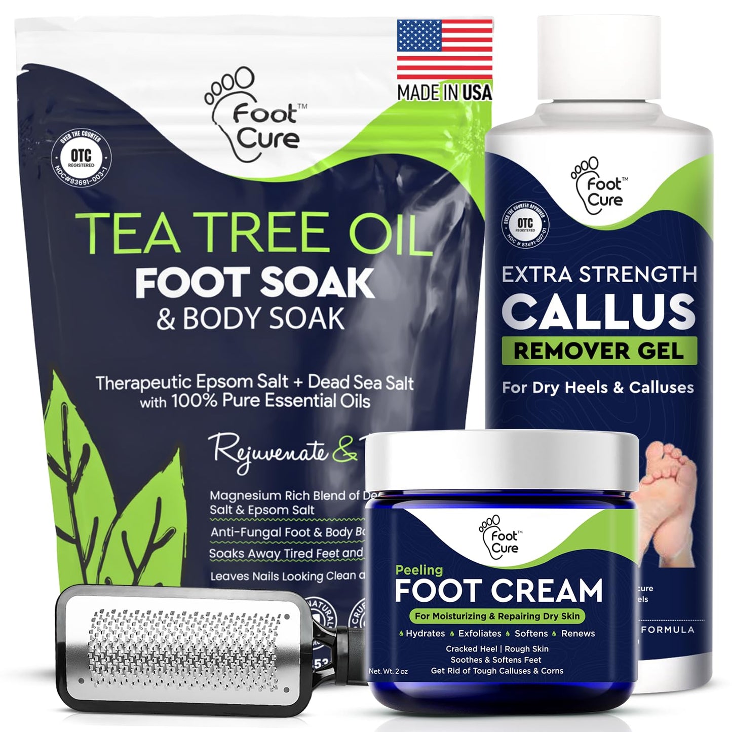 FOOT CURE Exfoliator & Callus Remover Pedicure Set – Care Kit Includes File for Dead Skin, Tea Tree Oil Soak Salts, Urea Cream 40 Percent Removal Gel Made in USA, 4 Piece FOOT CURE buy supplements Au