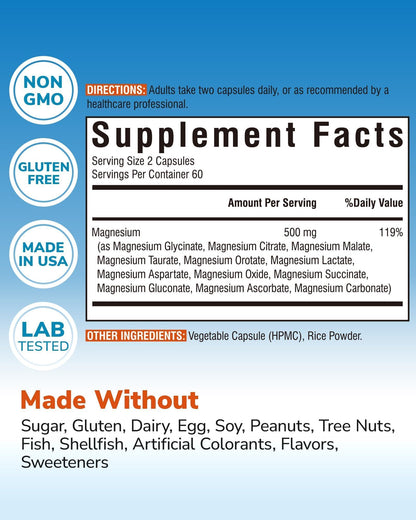 Vitalibre 12 in 1 Magnesium Complex Supplement 500mg | Max Absorption Chelated Magnesium Glycinate Citrate Malate & More for Bone, Nerve & Digestive Support | Non-GMO Vegan Capsules (120 Count) Vitalibre buy supplements Au