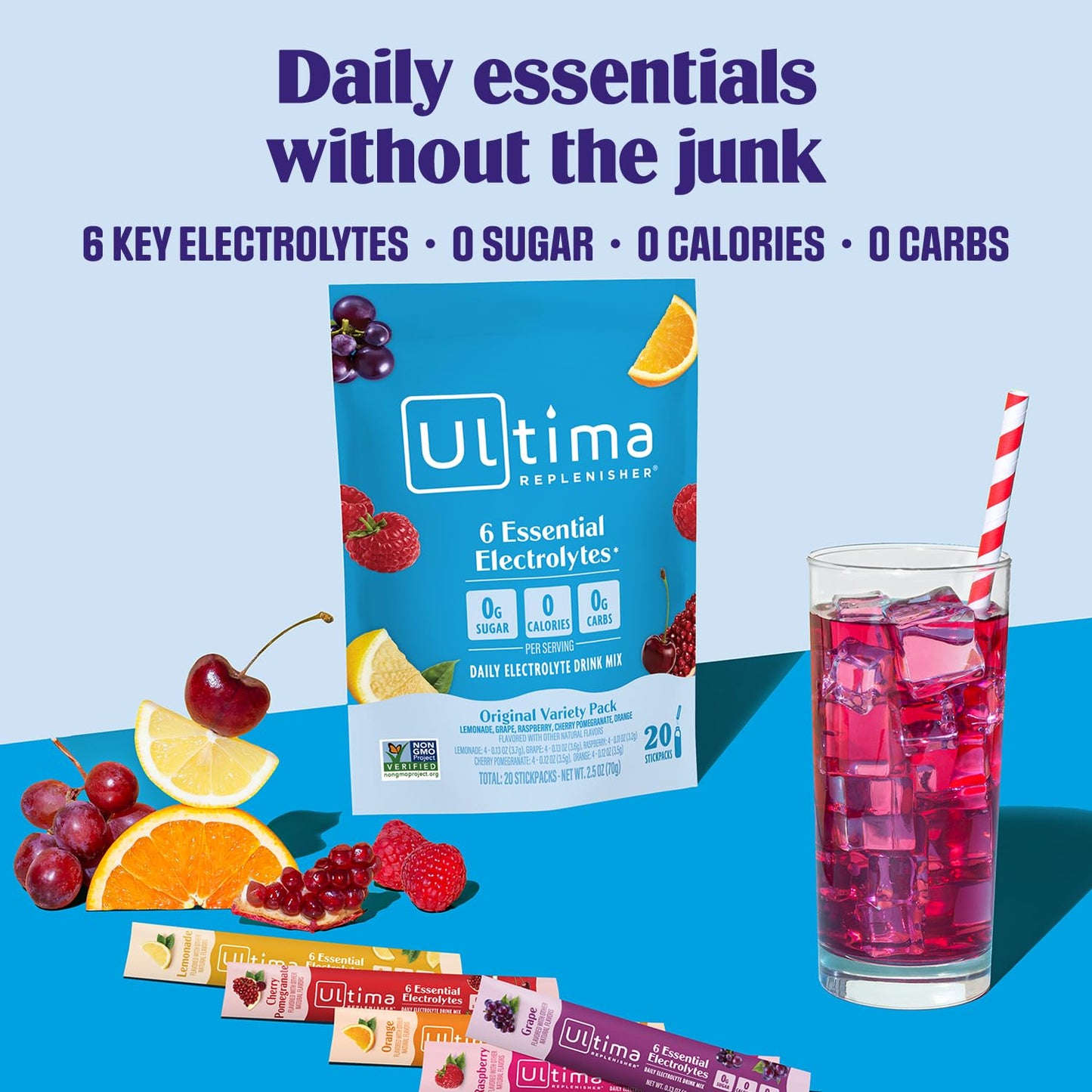 Ultima Replenisher Daily Electrolyte Powder Drink Mix – Sugar Free – Tropical, Mocktini, Original Variety, 56 Stickpacks – Hydration Packets - 6 Electrolytes and Minerals – Keto, Non-GMO