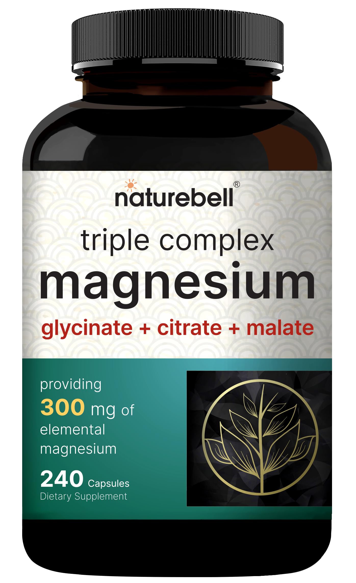NatureBell Magnesium Complex for Women & Men 1,000mg Per Serving – 240 Capsules – Triple Magnesium Complex with Glycinate, Citrate & Malate – Chelated & Purified – Non‑GMO, Filler Free