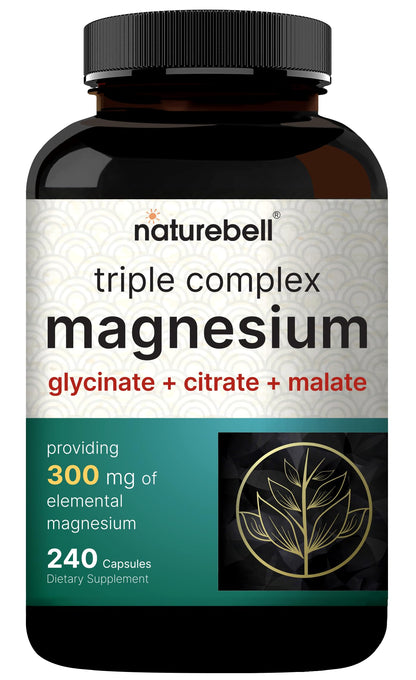 NatureBell Magnesium Complex for Women & Men 1,000mg Per Serving – 240 Capsules – Triple Magnesium Complex with Glycinate, Citrate & Malate – Chelated & Purified – Non‑GMO, Filler Free