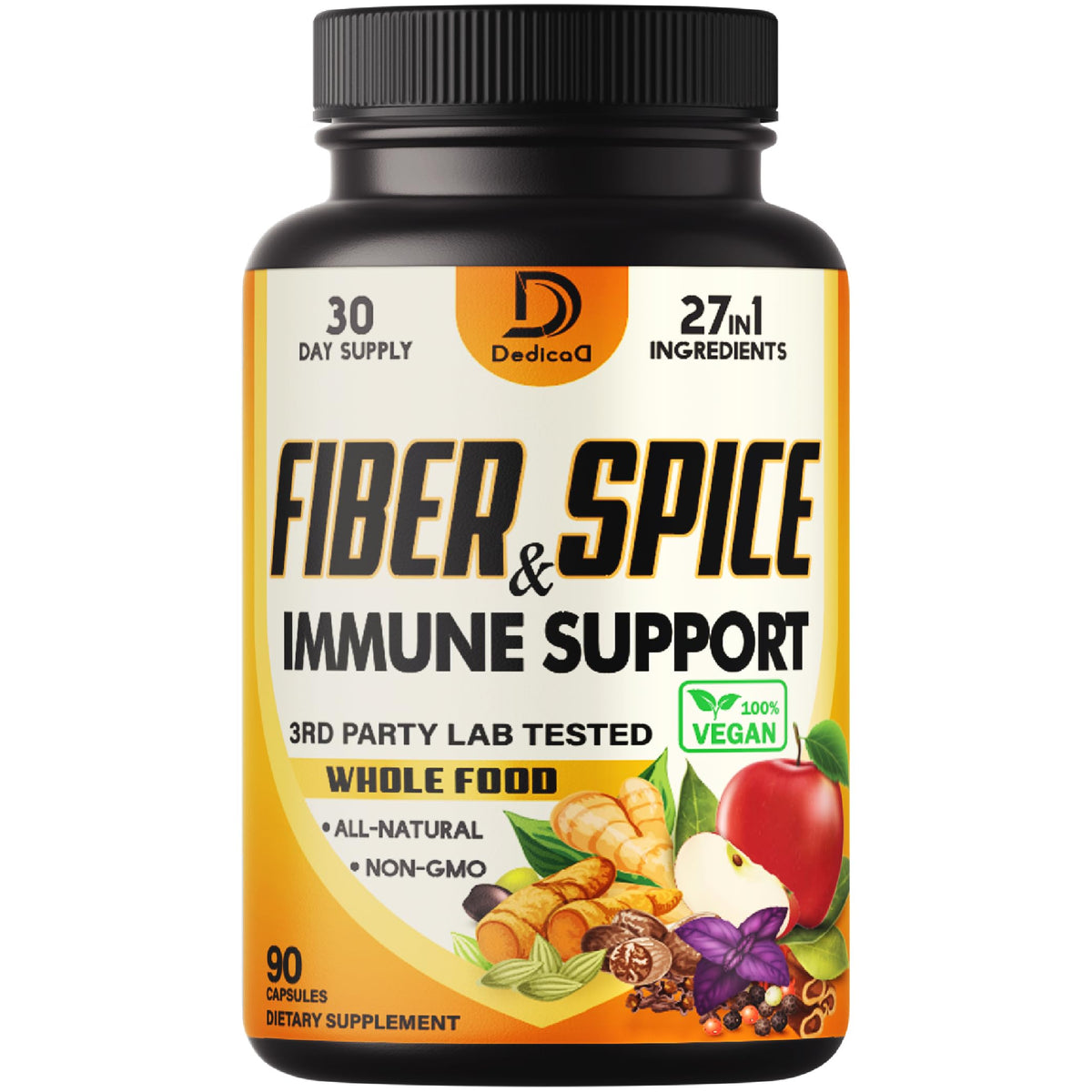 Supplement bottle labeled 'Fiber, Spice & Immune Support' with a black lid on a white background.