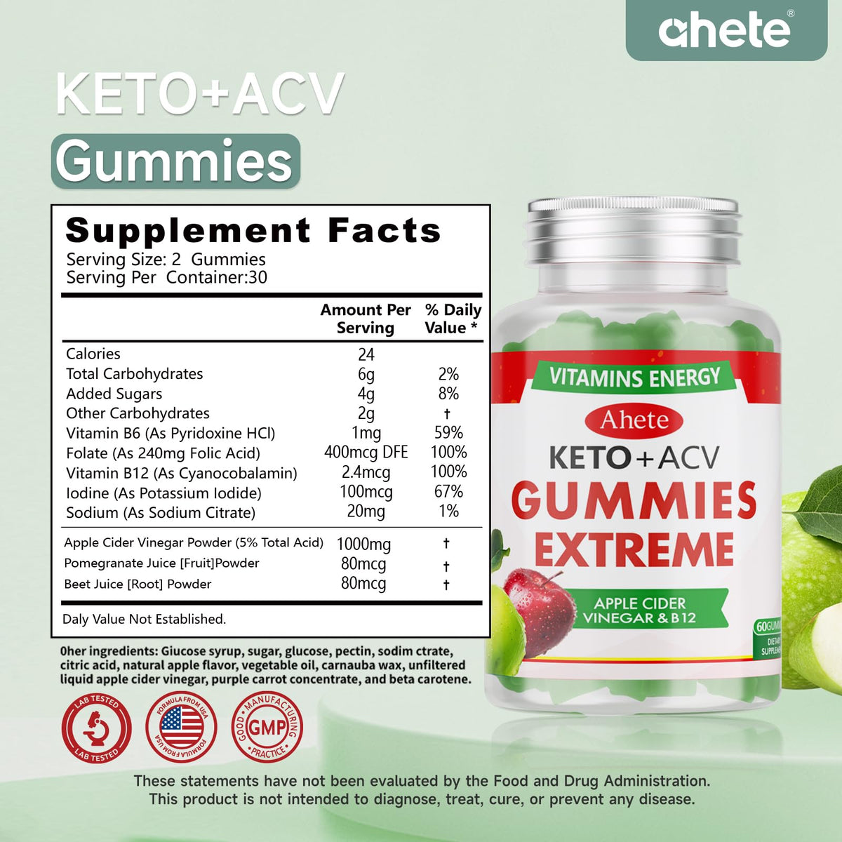 Ahete Keto Apple Cider Vinegar Gummies with Vitamin B6, B12, Folate & Beet Root, Keto ACV Gummies Supports Daily Wellness & Metabolism, Natural Apple Flavor, 60 Gummies (30 Day Supply) AheteBuy Supplements Australia