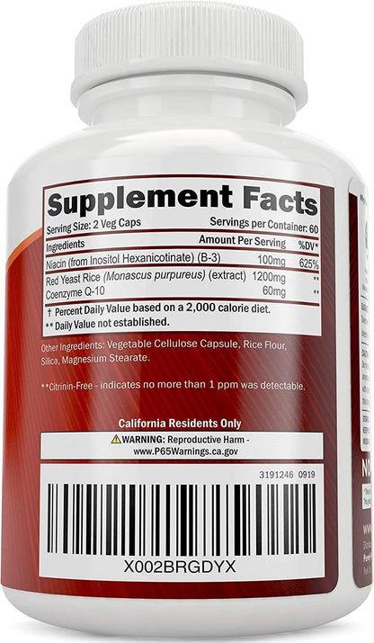 Red Yeast Rice 1200mg & Niacin + Organic Turmeric Curcumin 700mg & Bioperine Providing 95% Curcuminoids - 240 Vegetarian Capsules