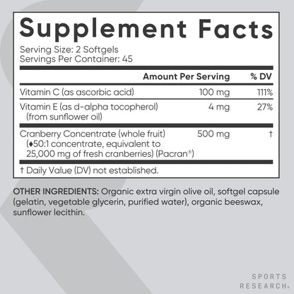 Sports Research® Cranberry Fruit Complex Supplement - Softgels for Urinary Tract Health Support - Made with Pacran®­ & Vitamins C & E - Non-GMO & Gluten Free - 90 Count Sports Research buy supplements Au