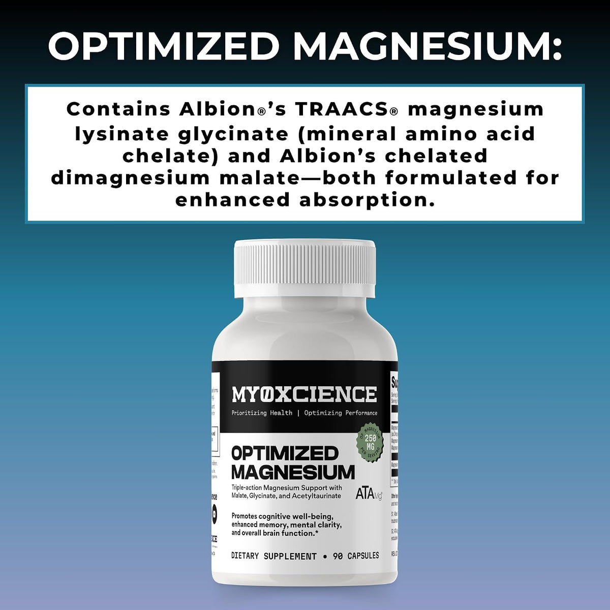 MYOXCIENCE Optimized Magnesium Glycinate + Magnesium Taurate (as ATAmag®) for High Brain Bioavailability to Support Stress Relief and Sleep | 30 Servings