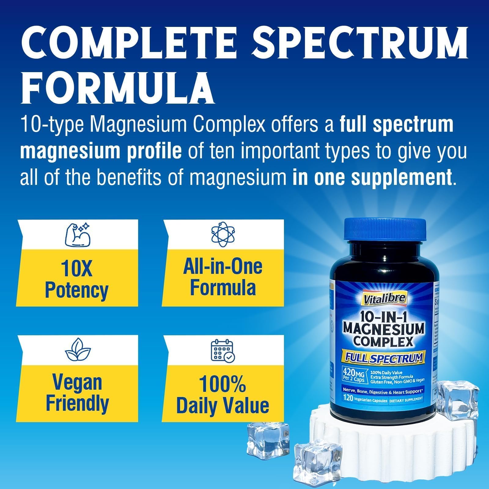 Vitalibre 10 in 1 Magnesium Complex, 420mg Elemental Magnesium | Ultra Strength, Max Absorption | Chelated Magnesium Supplement for Nerves, Bone & Heart Health | Non-GMO, 120 Vegan Capsules Vitalibre buy supplements Au