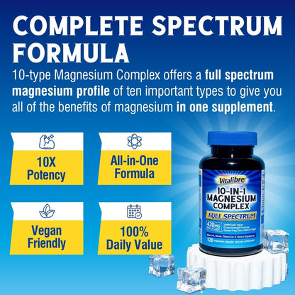Vitalibre 10 in 1 Magnesium Complex, 420mg Elemental Magnesium | Ultra Strength, Max Absorption | Chelated Magnesium Supplement for Nerves, Bone & Heart Health | Non-GMO, 120 Vegan Capsules Vitalibre buy supplements Au