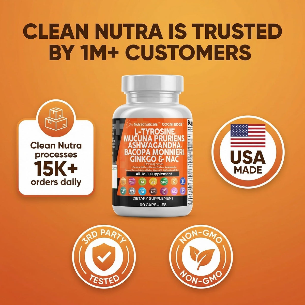 Clean Nutraceuticals L Tyrosine Mucuna Pruriens Bacopa Monnieri Ashwagandha Focus Supplement w/N-Acetyl Cysteine NAC 5-HTP Ginkgo Biloba Alpha GPC Vitamin C D B1 B12 Clean NutraceuticalsBuy Supplements Australia