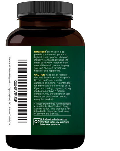 NatureBell Magnesium Complex for Women & Men 1,000mg Per Serving – 240 Capsules – Triple Magnesium Complex with Glycinate, Citrate & Malate – Chelated & Purified – Non‑GMO, Filler Free