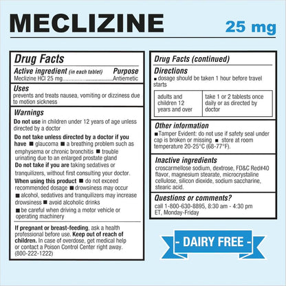 Puregen Labs Meclizine 25 mg Antiemetic 200 chewable Tablets | Motion Sickness Relief - Prevent Nausea, Vomiting, and Dizziness | Dairy Free | Value Pack – 200 chewable Tablets P Puregen Labs buy supplements Au