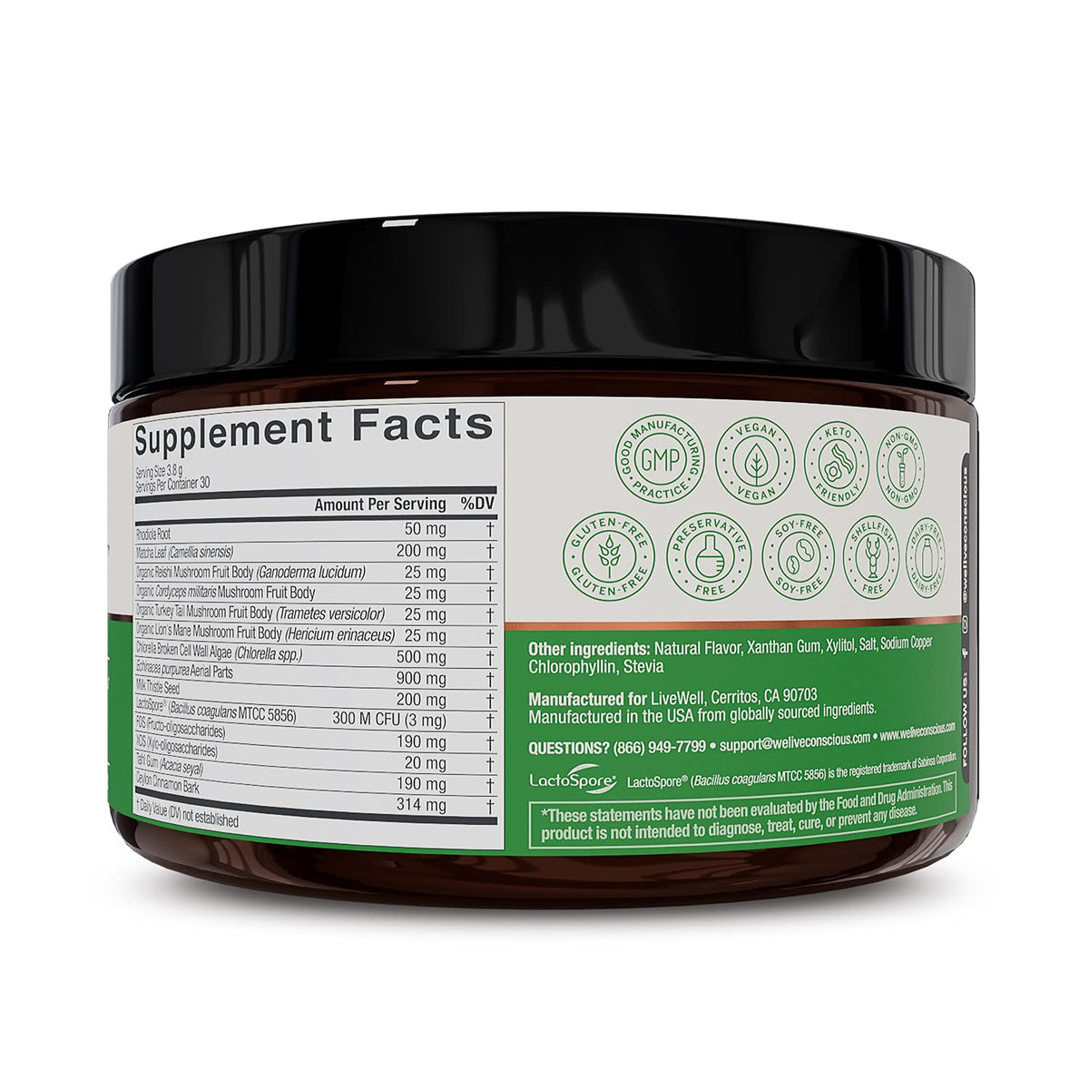 Live Conscious Beyond Greens Superfood Powder - Delicious Debloating Super Greens Powder - Matcha Greens Blend w/Chlorella, Echinacea, Probiotics for Immune Support & Energy