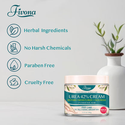FIVONA 42% Urea Foot Cream for Thick, Rough Dry Skin - Maximum Strength Callus Softening with 2% Salicylic Acid, Tea Tree & Aloe Vera, 100g (3.5 oz) - Deep Moisturizing Foot Care