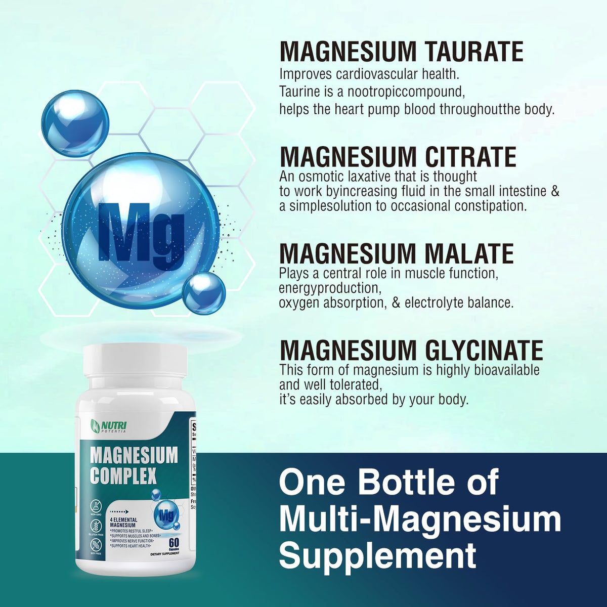 Magnesium Complex for Women&Men,With Glycinate Malate Citrate Taurate.Support for Sleep,Stress Relief,Cognitive Function,Magnesium Supplement 500mg,Third-Party Tested(Made & Tested in USA)-60 Capsules NUTRI POTENTIA buy supplements Au