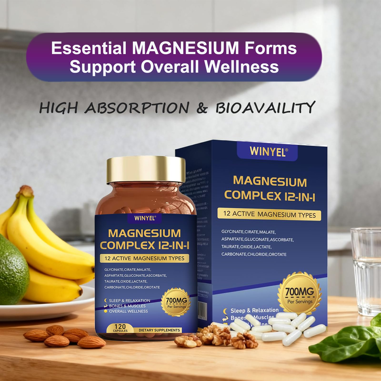Magnesium Complex 700mg 12 in 1 Magnesium Supplement with Glycinate, Citrate, Malate | Sleep, Calm, Muscle Relaxation, Heart Health Support | Vegan 120 Capsules WINYEL buy supplements Au