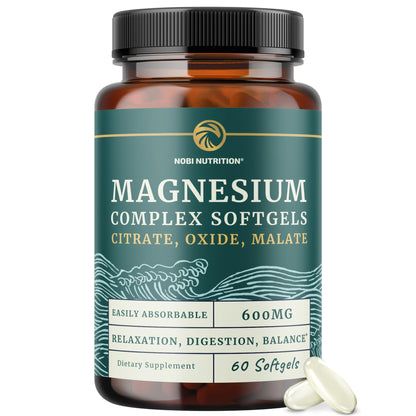 Bottle of Nobi Nutrition Magnesium Complex Softgels on a white background