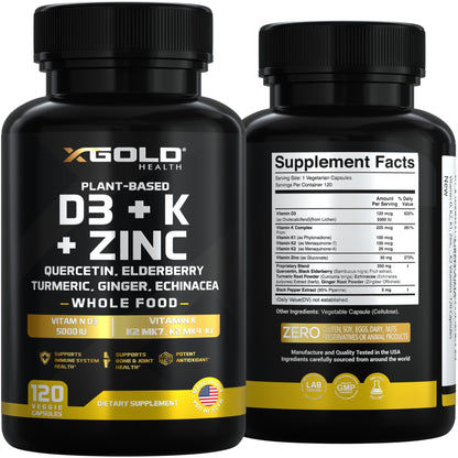 Vitamin D, K2, K1, Zinc, Quercetin, Elderberry, Turmeric, Ginger & Echinacea Whole Food Supplement 8 in 1- D3 5000 IU Plant-Based from Lichen, Vitamin K (K2 MK7, MK4, K1)