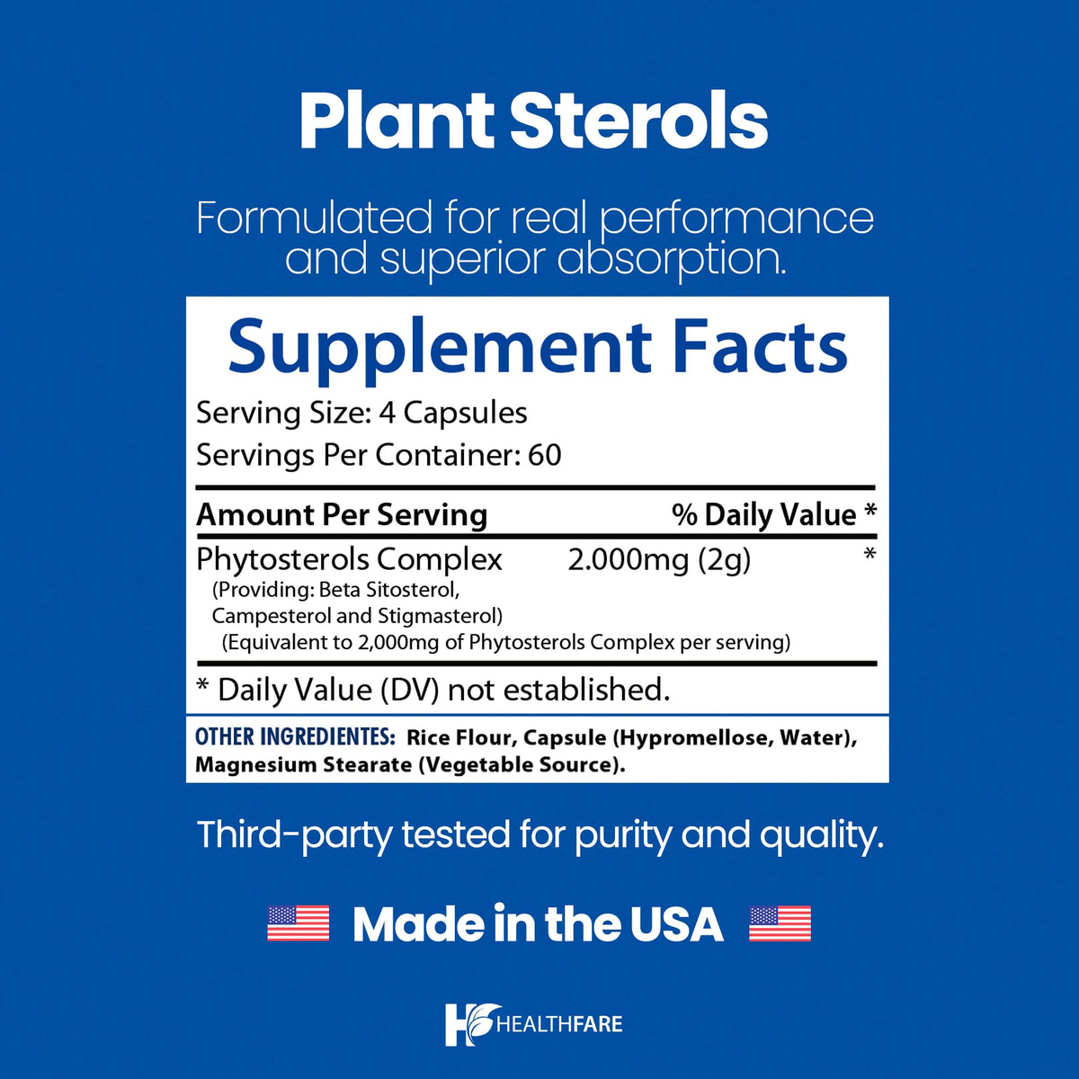 Healthfare Plant Sterols Capsules 2000mg | 240 Vegan Capsules | Beta Sitosterol & Phytosterol Complex | Plant-Based Supplement | Non-GMO & Gluten-Free | Made in the USA HealthfareBuy Supplements Australia