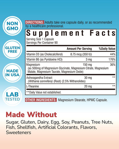 Vitalibre Magnesium Complex with Ashwagandha & L-Theanine - Stress Relief, Bone & Relaxation Support - w/Vitamin D3, B6 - Glycinate, Citrate, Malate, Taurate - 90 Vegan Capsules, Non-GMO, Gluten Free Vitalibre buy supplements Au