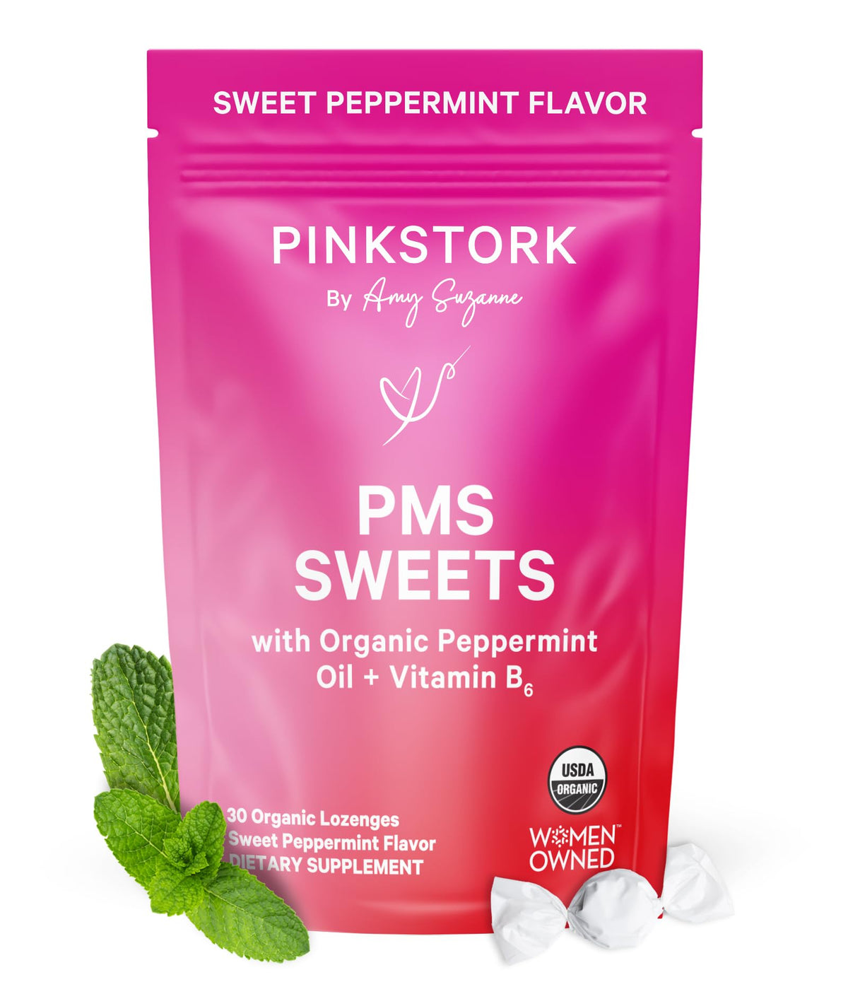 Pink Stork Organic PMS Support Sweets for Teens and Women - Simple & Natural Ingredients Vitamin B6 and Peppermint - Period, Digestion, Bloating, Mood Swings - 30 Drops