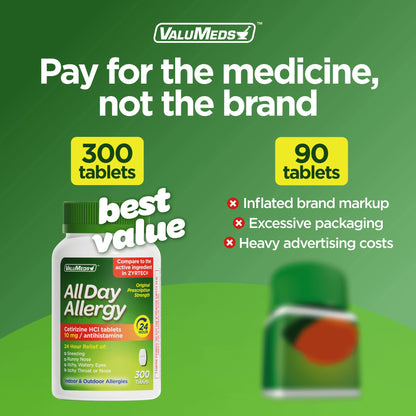 ValuMeds 24-Hour Allergy Medicine Antihistamine for Pollen, Hay Fever, Dry, Itchy Eyes, Allergies | Cetirizine HCl 10mg Caplets, Compare to Leading Brand (300 Count) ValuMeds buy supplements Au