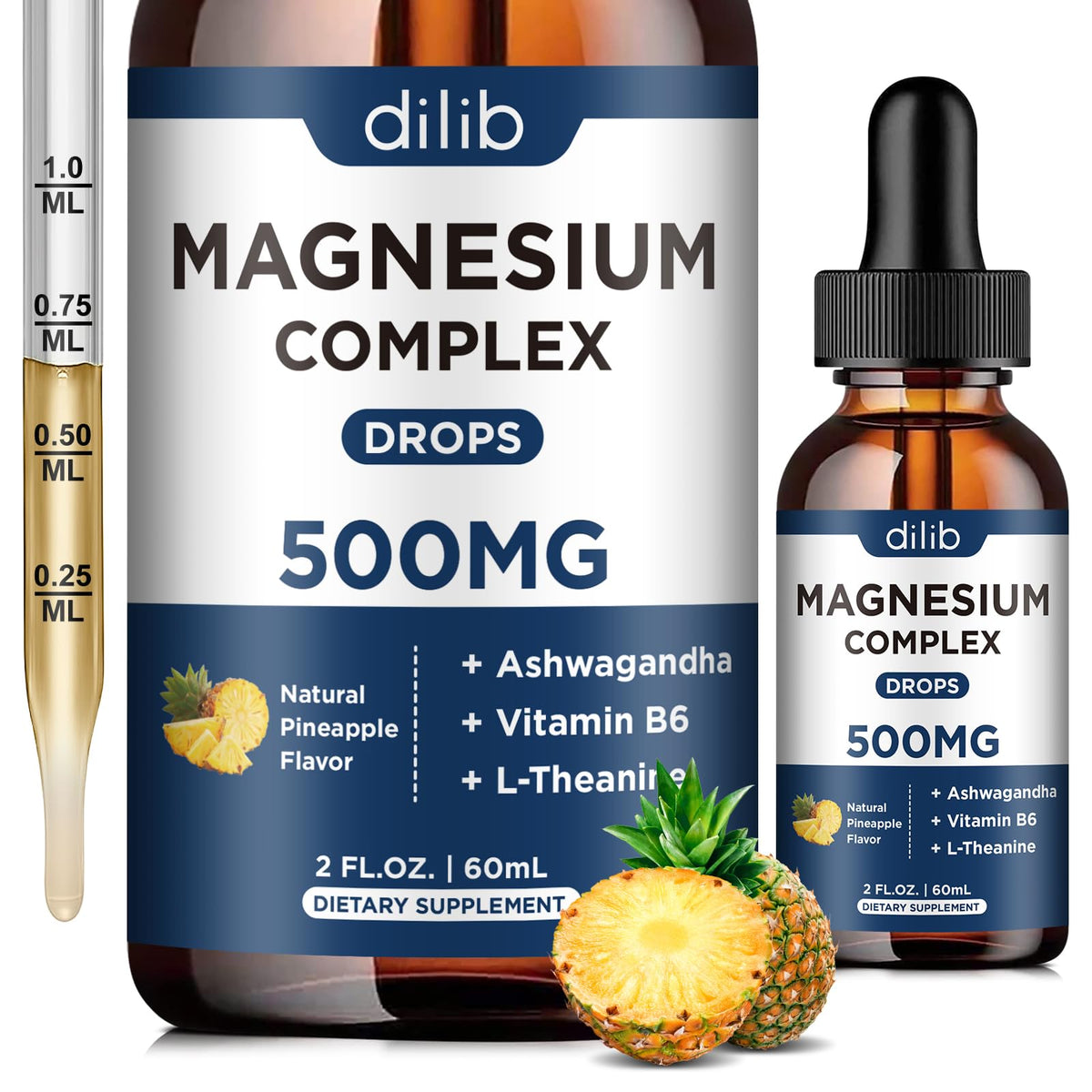 Dilib magnesium complex drops with a pineapple and dropper on a white background