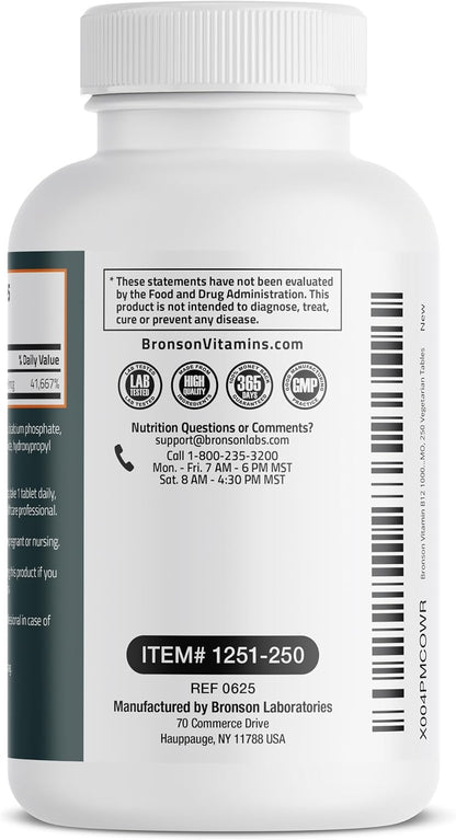 Bronson Vitamin B12 1000mcg Once Daily Formula Non-GMO, 250 Vegetarian Tablets
