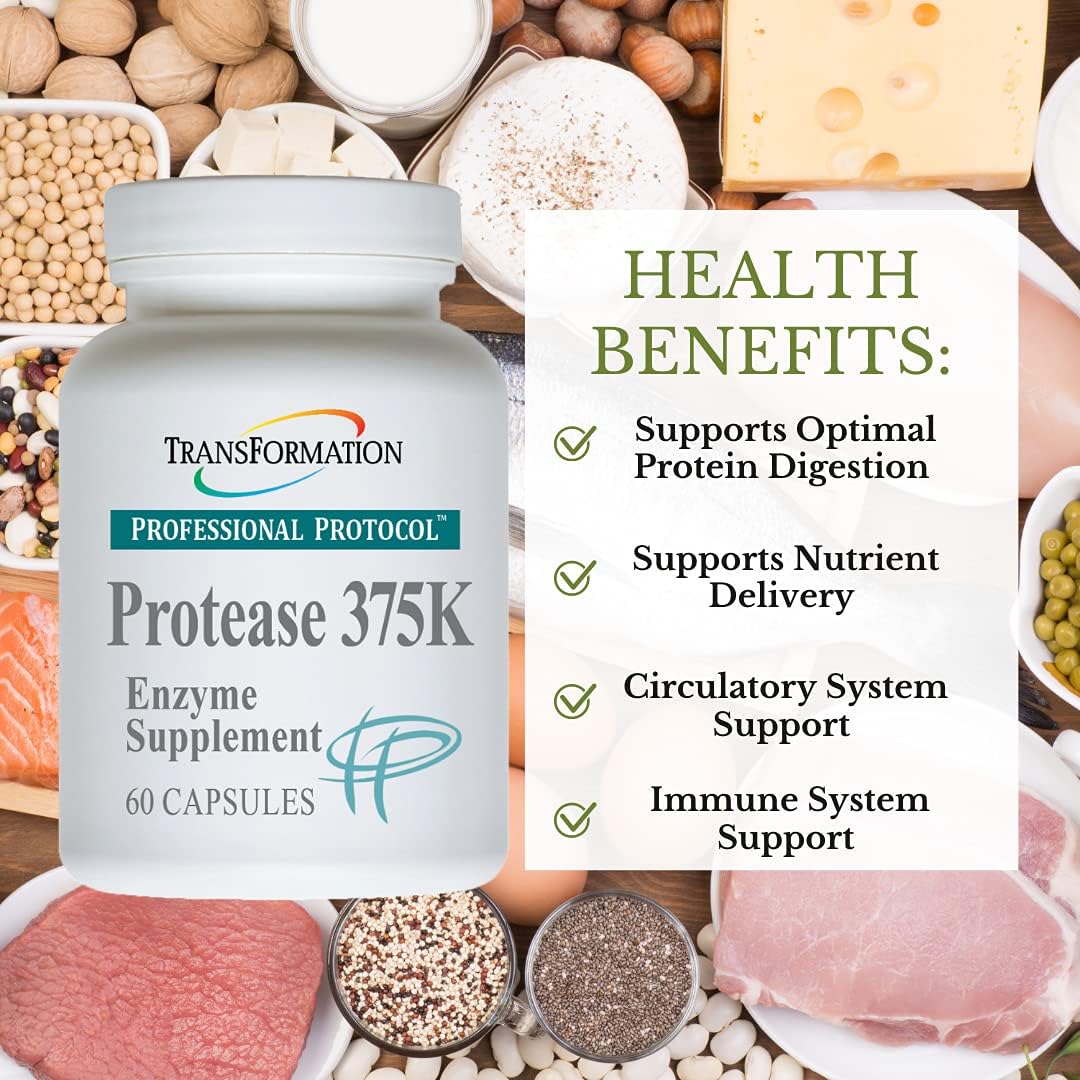 TRANSFORMATION THE GENESIS OF GOOD HEALTH Protease 375K Enzyme Blend Supplement, High-Potency Formula for Protein Absorption & Gut Health, Advanced Enzym Support, Non-GMO, 60 Capsules