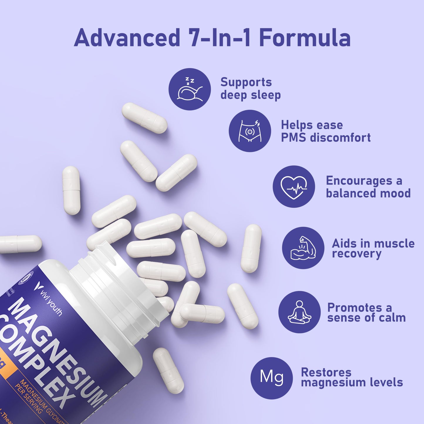 Magnesium 7 Complex for Women 1600mg, Magnesium Glycinate 600mg 7 High Absorption Magnesium Supplement with Citrate, Malate, Chelate, Taurate, Gluconate, Aspartate & Ascorbate for Sleep, 60 Capsules VIVI Youth buy supplements Au