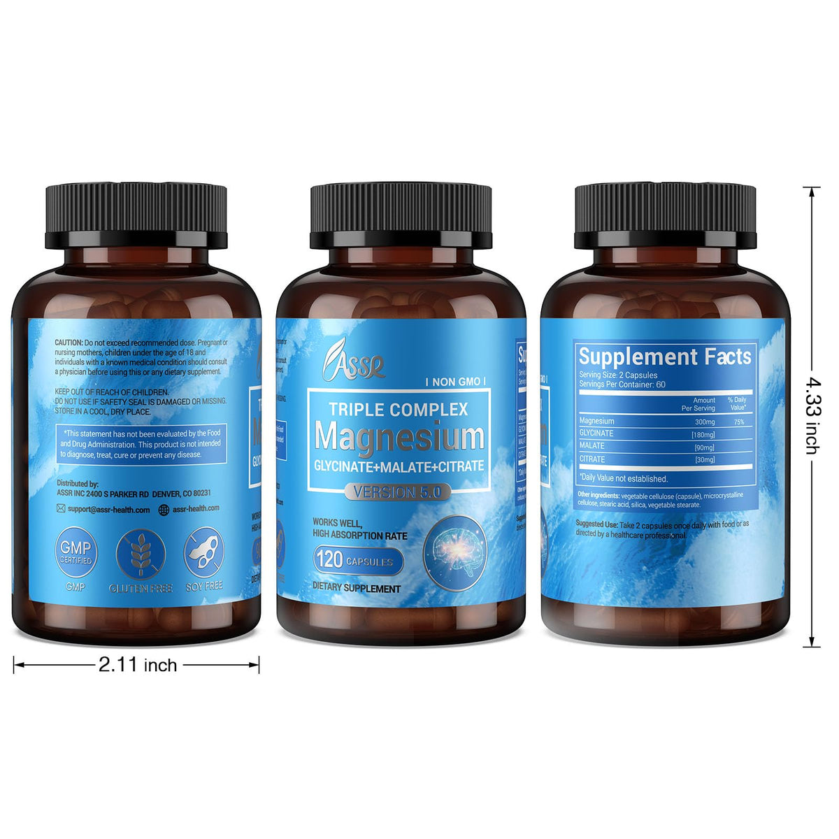 ASSR Triple Magnesium Complex – 300mg Magnesium Supplement with Glycinate, Malate & Citrate – Supports Relaxation, Muscle & Nerve Function