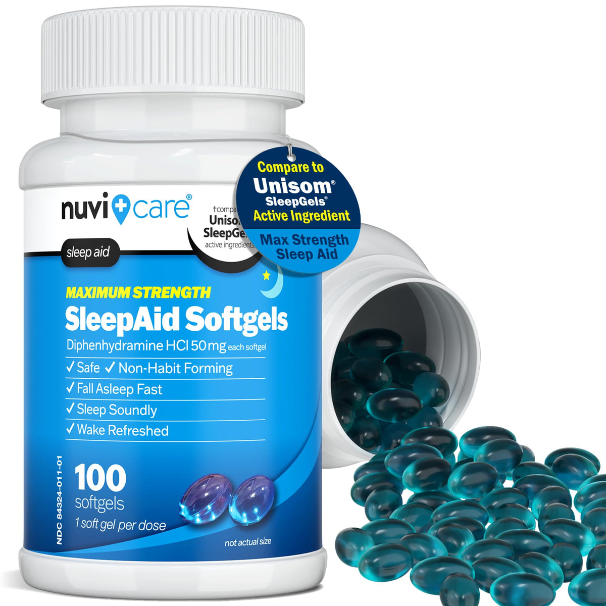 NUVICARE Maximum Strength SleepAid Soft Gels - Nighttime Sleep Aid with Diphenhydramine HCl 50mg - Non Habit Forming Sleeping Pills for Adults - Extra Strong OTC Sleep Aids for Adults (100 Count) NUVICARE buy supplements Au
