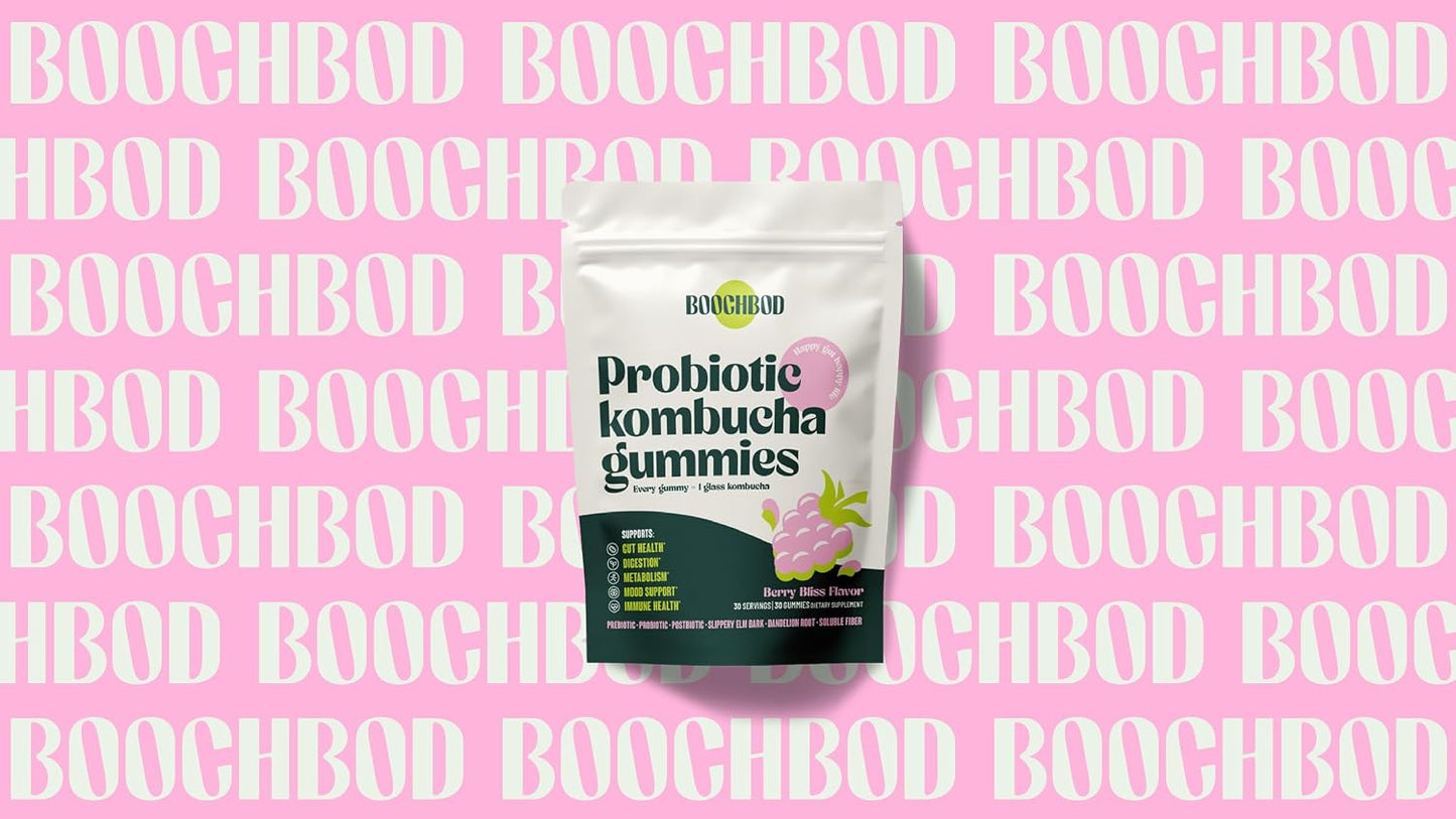 BoochBod - Probiotic Kombucha Gummy - Prebiotics, Probiotics, Postbiotics, Fiber Supplement, Slippery Elm, Dandelion Root, MCT Oil, for Bloating, Gut Health - Berry Bliss | Lemon Lime - Bundle & Save