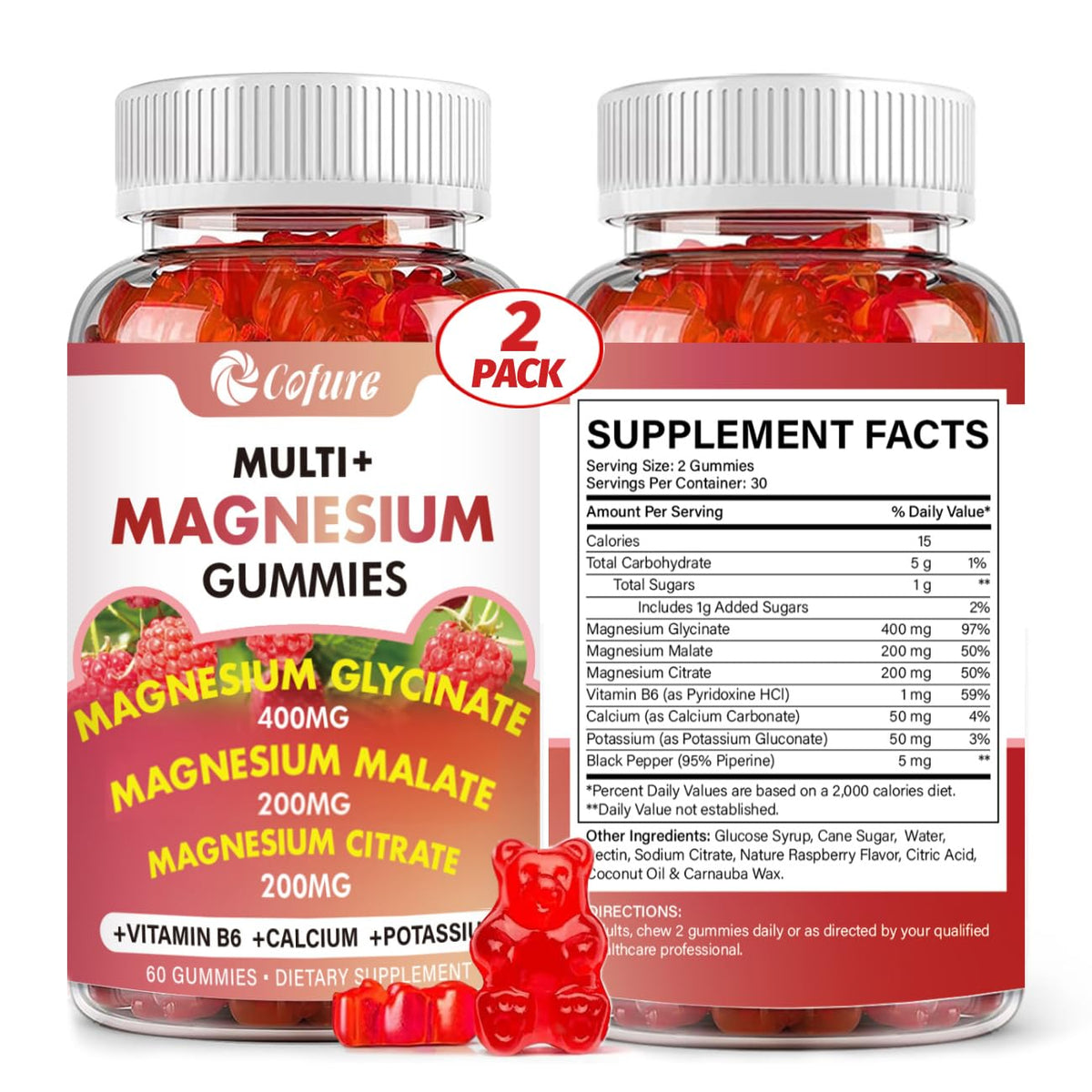Cofure Triple Magnesium Complex 900 mg, Magnesium Glycinate, Citrate, Malate with Potassium, Calcium, Vitamin B6 for Calm & Sleep - Vegan, Non-GMO, Gluten Free - 120 Raspberry Gummies for Adults Cofure buy supplements Au