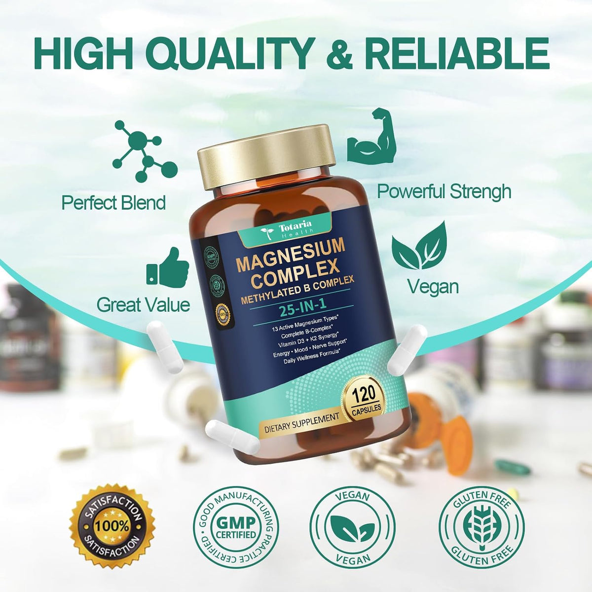 25-in-1 Magnesium Complex with Methylated B Complex Magnesium Glycinate Citrate Malate Taurate Gluconate Aspartate Carbonate D3 K2, Magnesium Supplement for Relaxation Energy & Nerve, 120 Vegan Caps