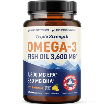 Triple Strength Omega 3 Fish Oil 3600 mg | EPA & DHA | Over 2100mg Omega-3 Fatty Acids | 1300mg EPA + 860mg DHA | Best Essential Fatty Acids | Premium Wild Caught & Burpless Fish Oil | 120 Ct MAV NUTRITION buy supplements Au
