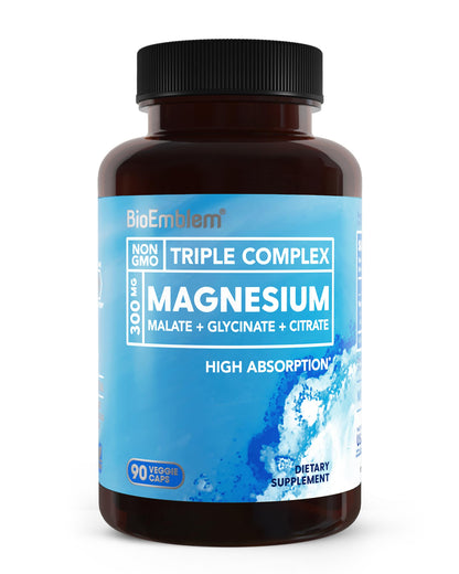 Supplement bottle labeled 'Triple Complex Magnesium' by BioEmblem on a white background
