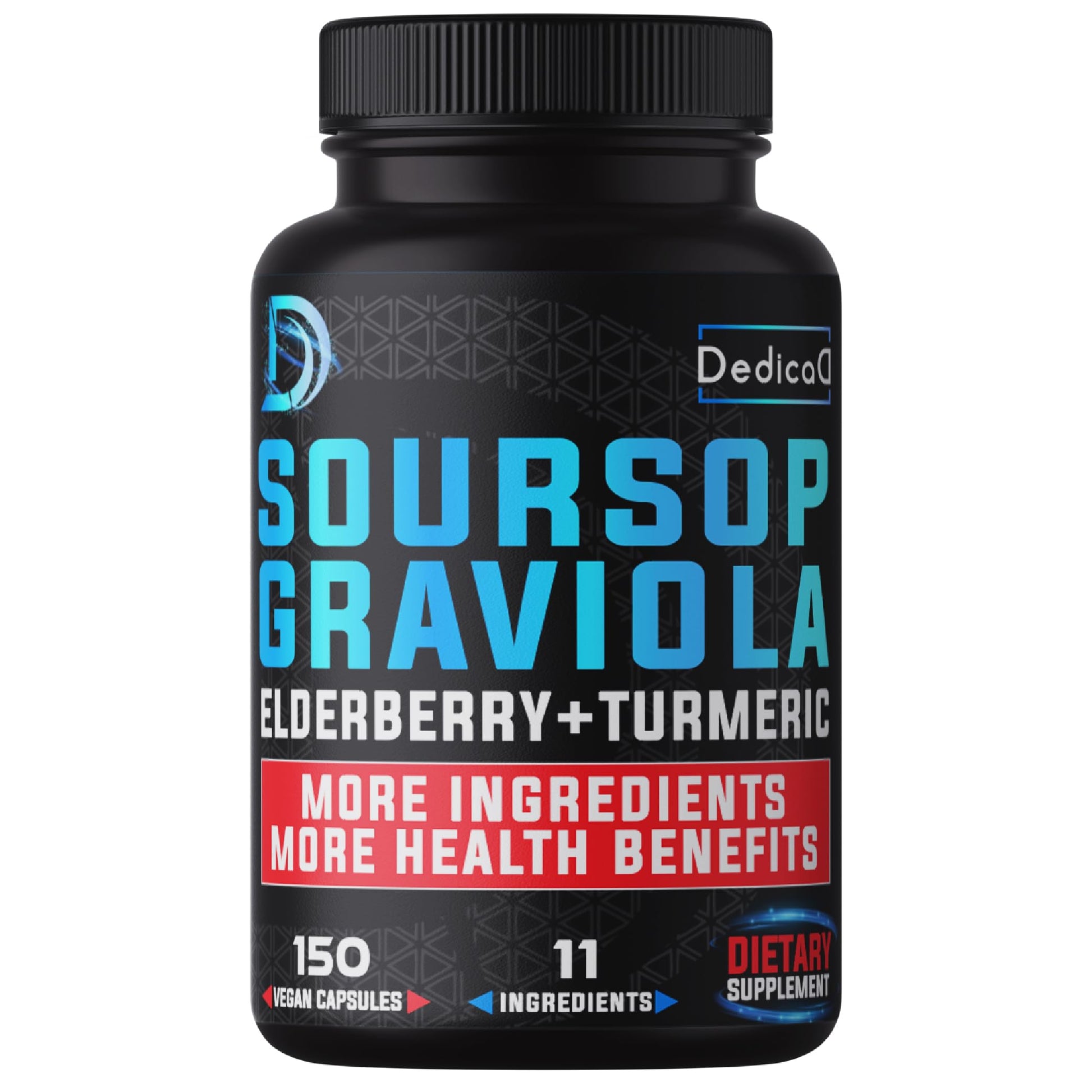 Black supplement bottle labeled 'Soursop Graviola' with colorful text on a white background