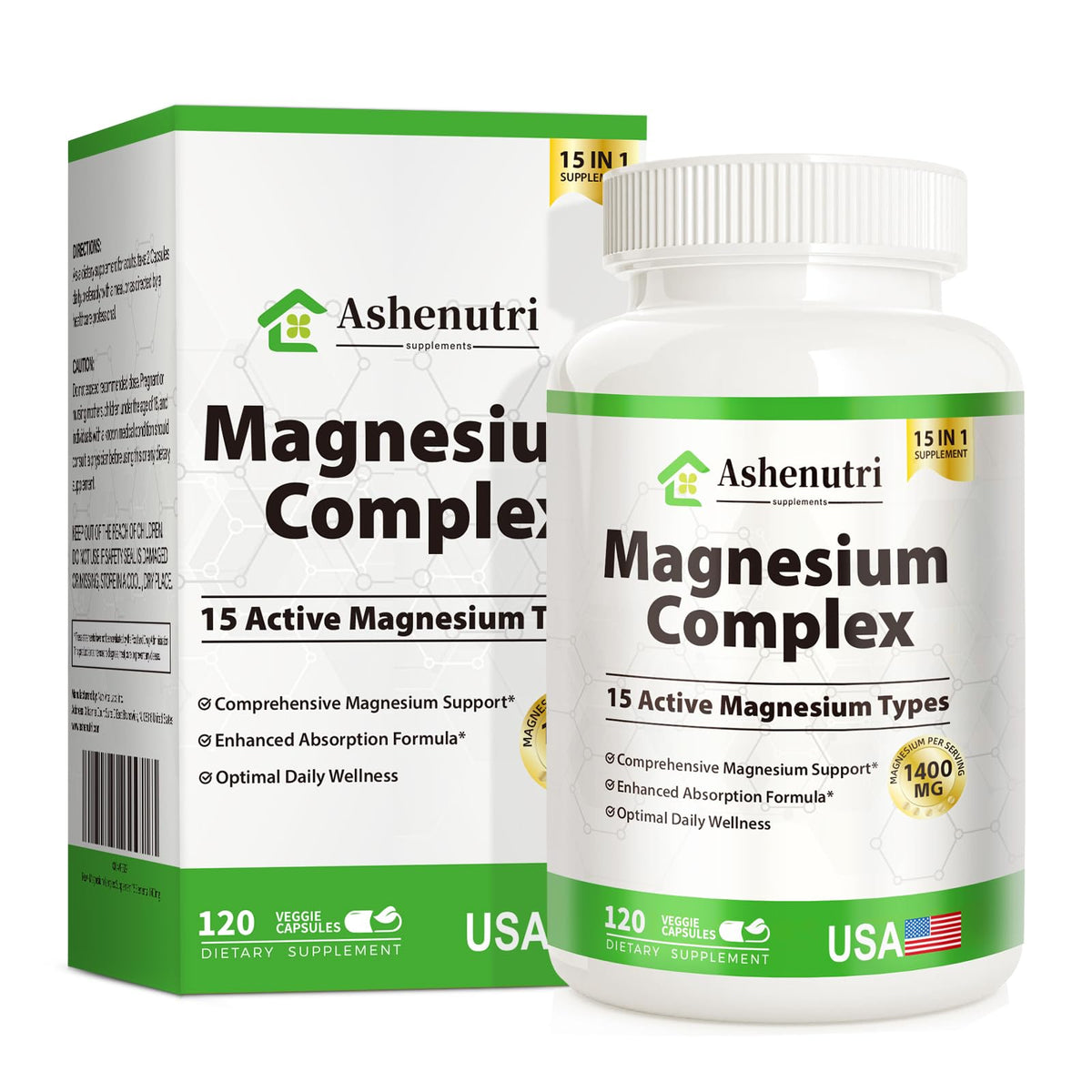 Ashenutri Magnesium Complex supplement bottle and packaging on a white background