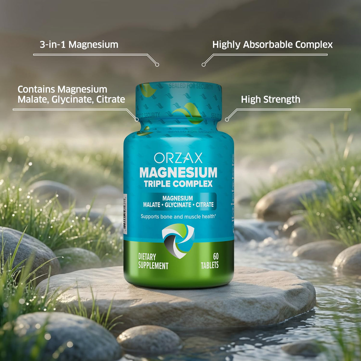 ORZAX Magnesium Triple Complex | Magnesium Glycinate, Citrate, Malate | Vegan, Gluten Free, Dairy Free, Halal | 200 mg of Triple Complex Magnesium for Muscles & Energy for Women and Men | 60 Tablets ORZAX buy supplements Au